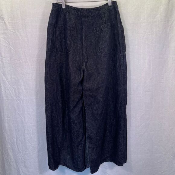 Poetry Blue Faux Wrap 100% Linen Wide Leg Chambray Cropped Culotte Pants Size 8 - Picture 7 of 12
